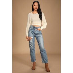 Cream Backless Crop Sweater with Long Bishop Sleeves